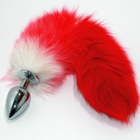 Red Faux Fox Tail Silver Butt Plug