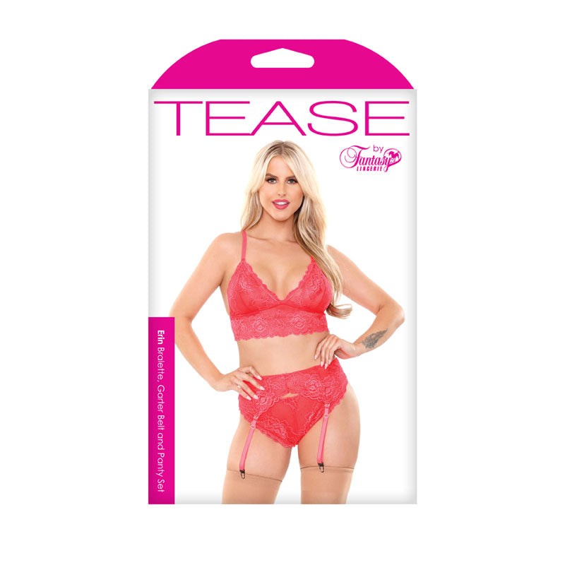 Tease Erin Floral Lace Bralette, Panty & Garter Set - Bras and Bra Sets