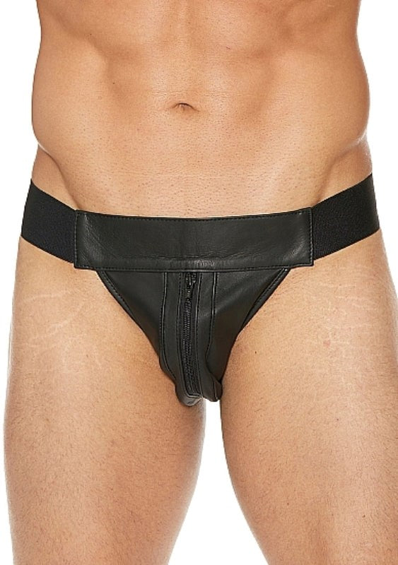Uomo Striped Front With Zip Leather Jock Black - His Fetish