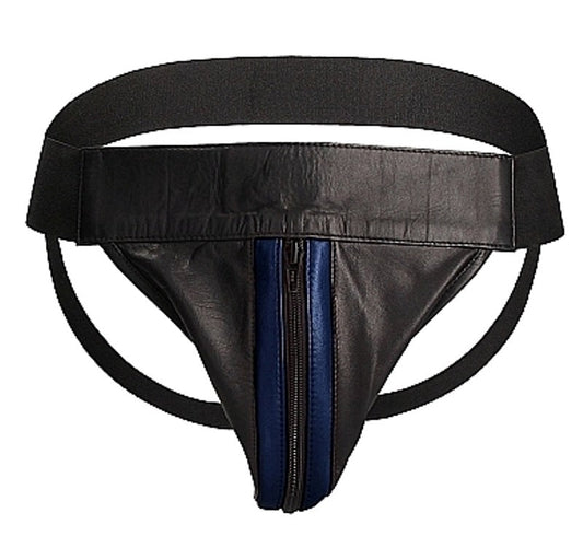 Uomo Striped Front With Zip Leather Jock Black/Blue