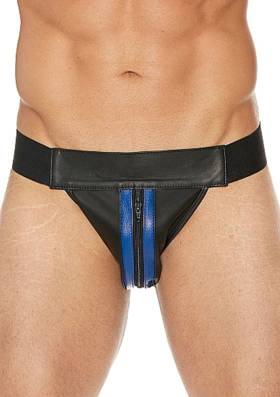 Uomo Striped Front With Zip Leather Jock Black/Blue - His Fetish