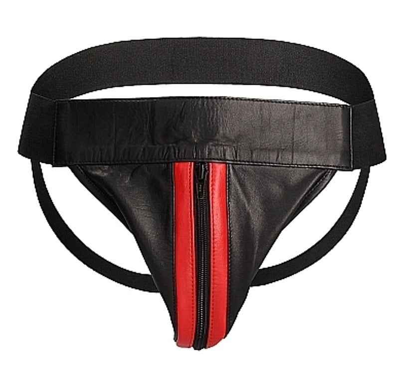 Uomo Striped Front With Zip Leather Jock Black/Red - His Fetish