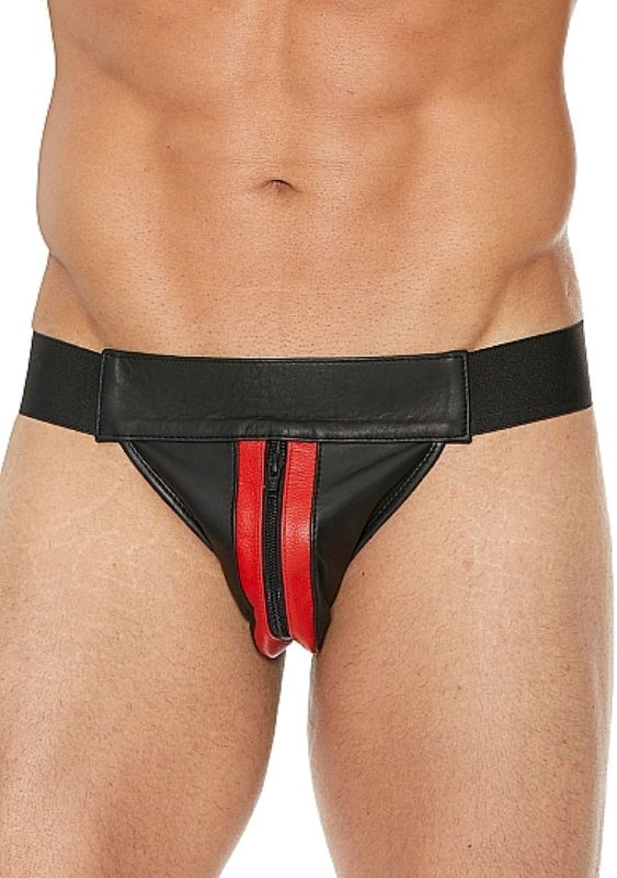 Uomo Striped Front With Zip Leather Jock Black/Red - His Fetish