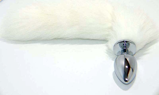 White Faux Fox Tail Smooth Silver Butt Plug