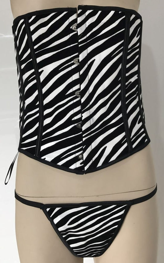 Zebra Print Vinyl Corset with G-string by Ella Bidoe - Bustiers and Corsets