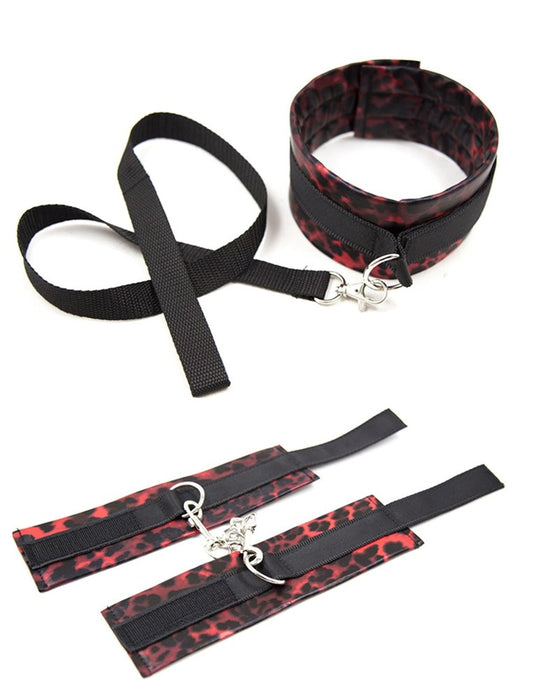 Red Leopard Cuffs and Collar with Leash