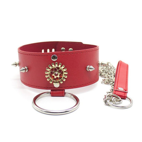 Red Medallion Spiked Collar & Leash by BDStyle - Collars and Leads