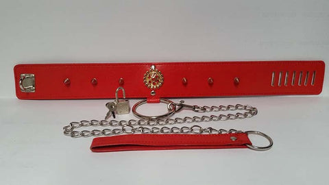 Red Medallion Spiked Collar & Leash by BDStyle - Collars and Leads