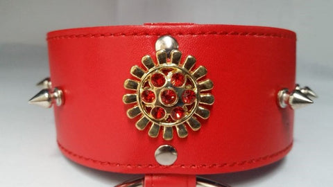 Red Medallion Spiked Collar & Leash by BDStyle - Collars and Leads