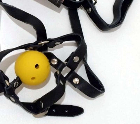 Dungeonnet Bondage Gag With Yellow Ball by Hell's Couture - Bondage Gags and Bits