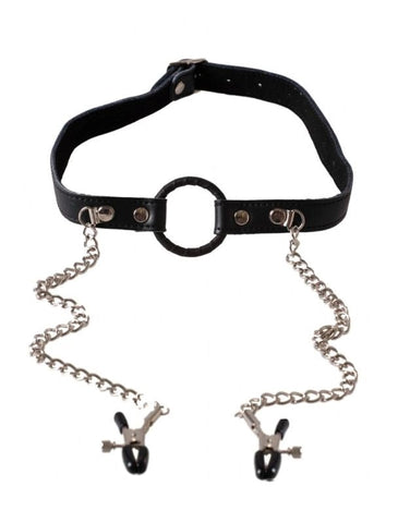 O-Ring Gag with Nipple Clamps Heavy by BDStyle - Bondage Gags and Bits
