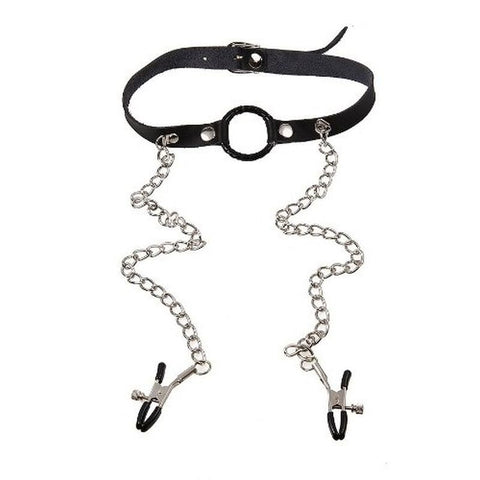 O-Ring Gag with Nipple Clamps Heavy by BDStyle - Bondage Gags and Bits