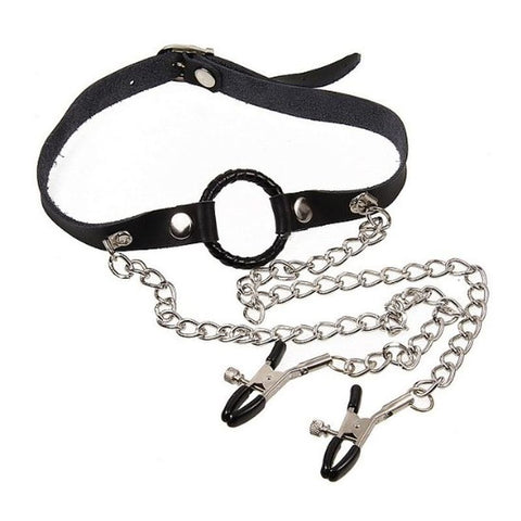O-Ring Gag with Nipple Clamps Heavy by BDStyle - Bondage Gags and Bits