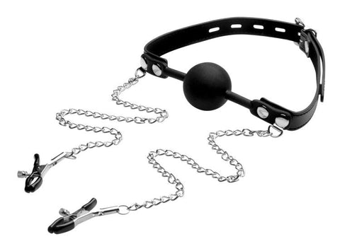 Strict Black Ball Gag With Nipple Clamps by XR Brands - Bondage Gags and Bits