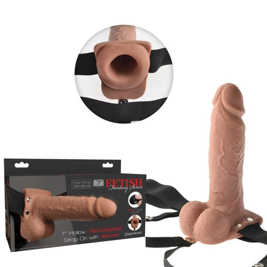 Fetish Fantasy 7 Inch Hollow Rechargeable Strap On with Remote Tan