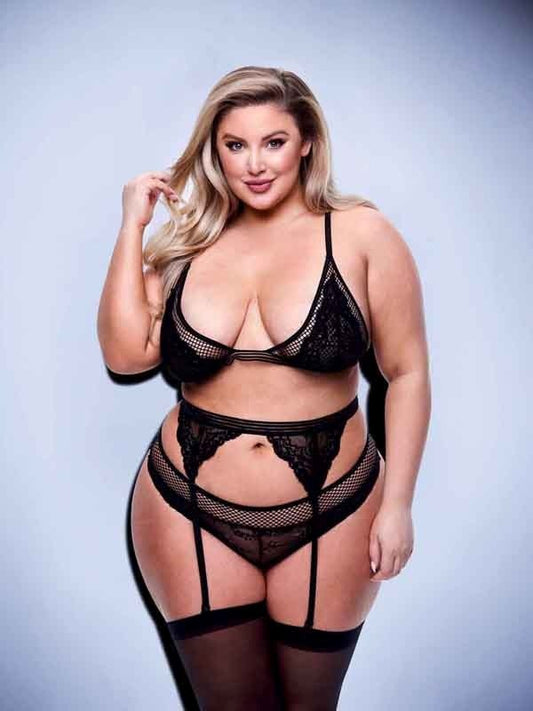 Baci 3 Piece Lace & Mesh Bra Garter & Panty Set Queen Black