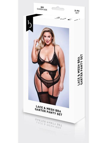 3 Piece Lace & Mesh Bra Garter & Panty Set - Bras and Bra Sets
