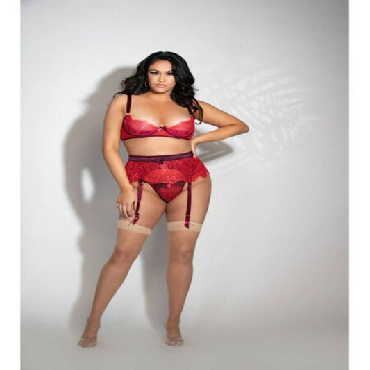 Seven Til Midnight Three Piece Eyelash Lace Bra Garter Skirt and G-String Set Red