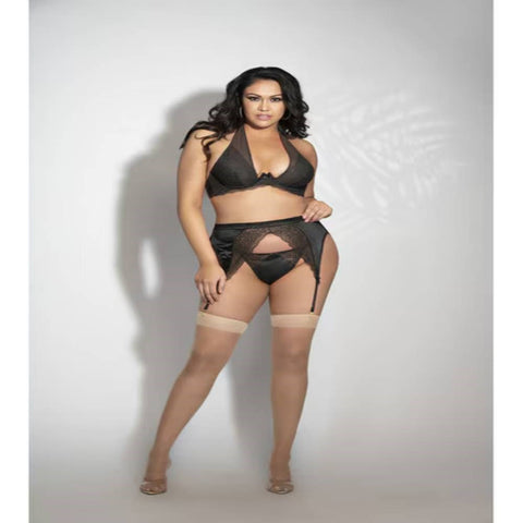 Three Piece Lace And Satin Bra Garter Belt And G-String - Bras and Bra Sets