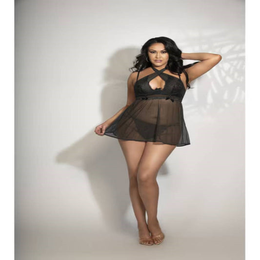 Seven Til Midnight Two Piece Lace and Mesh Babydoll and Panty Set 3X/4X