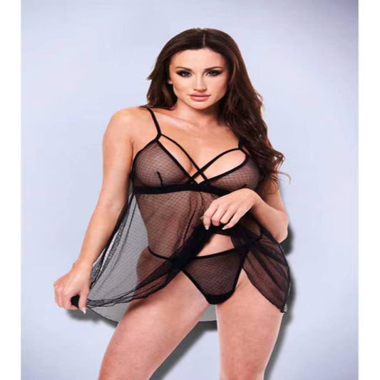 Baci 2 piece Strappy Lace & Mesh Babydoll & G-String Set