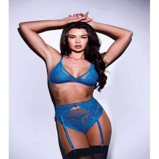 Baci 3 Piece Lace & Mesh Bra Garter & Panty Set Blue