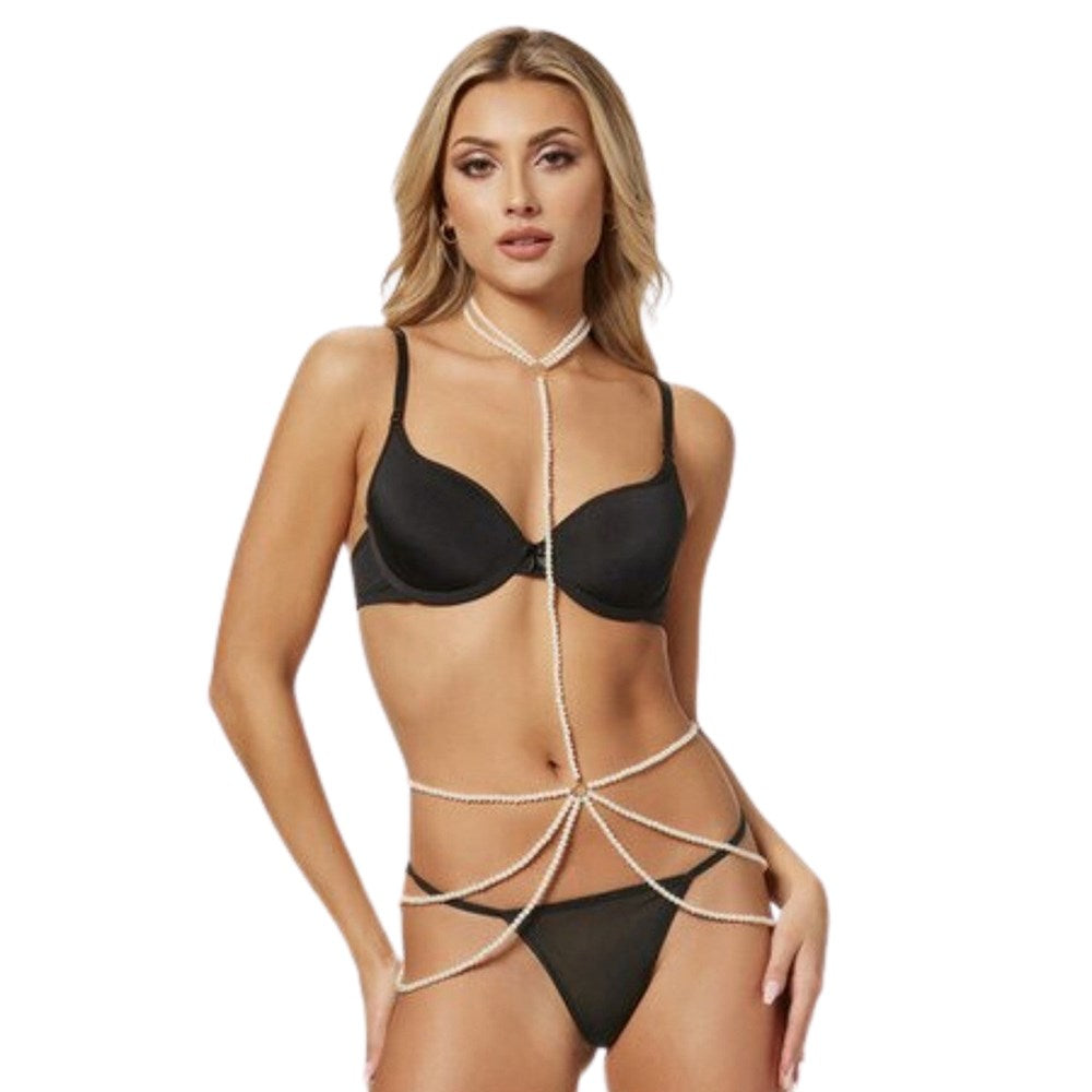 Seven Til Midnight Pearl Chain Choker And Harness Pearl One Size - Her Fetish