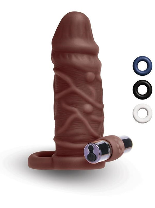 Xgen Size Up 1 Inch Silicone Vibrating Realistic Penis Extender With Ball Loop Dark Tan