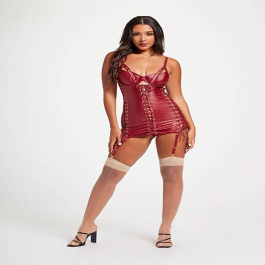 Seven Til Midnight Midnight Love Vegan Leather Two Piece Chemise and Panty Set Wine