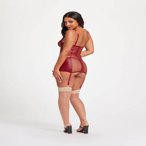 Midnight Love Vegan Leather Chemise And Panty Set - Babydolls and Chemises