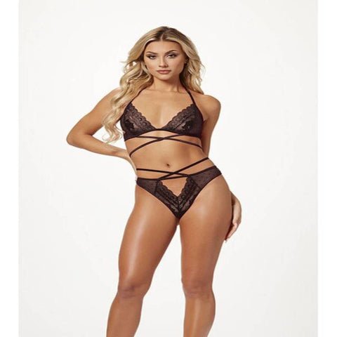 2 Piece Halter Bra And Criss Cross Panty Set Black - Bras and Bra Sets