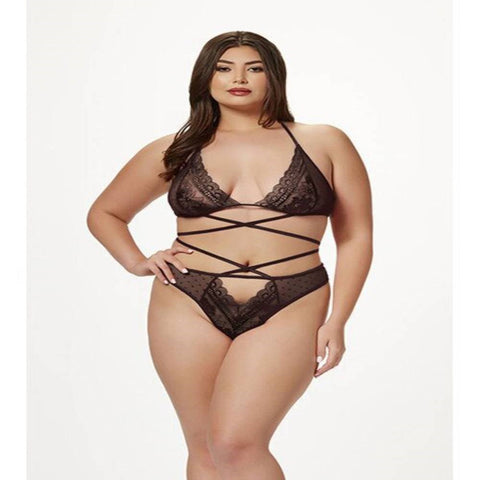 2 Piece Halter Bra And Criss Cross Panty Set Black - Bras and Bra Sets