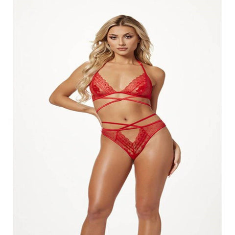 2 Piece Halter Bra And Criss Cross Panty Set Red - Bras and Bra Sets