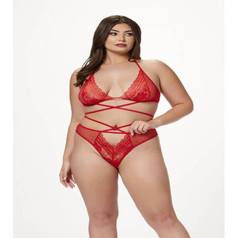 2 Piece Halter Bra And Criss Cross Panty Set Red - Bras and Bra Sets