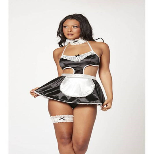 Seven Til Midnight 4 Piece French Maid Costume Dress Thong Panty Lace Choker and Thigh Garter Black