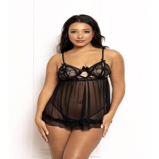 Seven Til Midnight Two Piece Ditsy Floral And Mesh Babydoll Set With Split Cups Black
