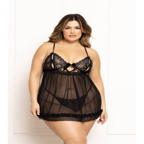 Two Piece Babydoll Set. Ditsy Floral And Mesh Babydoll - Babydolls and Chemises