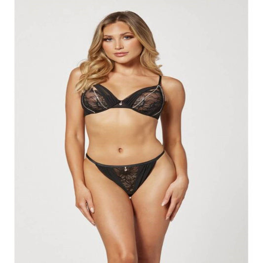Seven Til Midnight Two Piece Mesh and Rhinestone Bra And Panty Set Black
