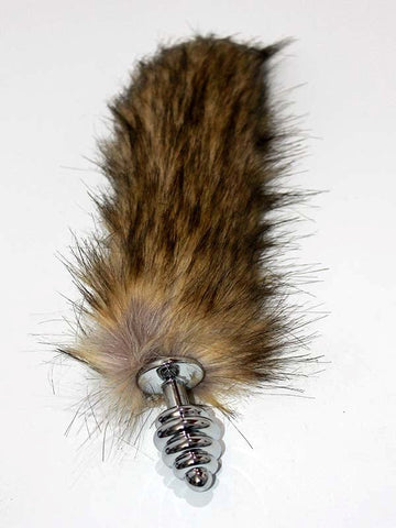 Black Blonde Silver Ribbed Fox Tail Butt Plug - Steel Sex Toys