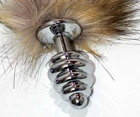 Black Blonde Silver Ribbed Fox Tail Butt Plug - Steel Sex Toys