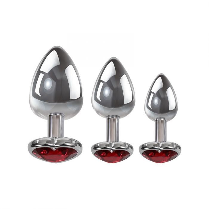 Adam and Eve Three Hearts Gem Metallic Anal Plug Set with Gem Bases - Butt Plugs