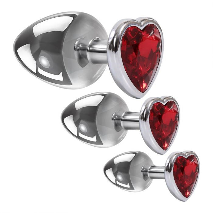 Adam and Eve Three Hearts Gem Metallic Anal Plug Set with Gem Bases - Butt Plugs