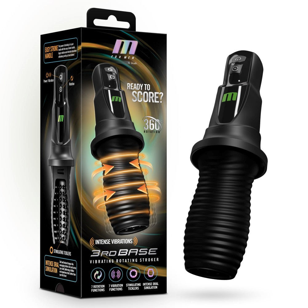Blush Novelties M For Men 3rd Base Vibrating & Rotating Auto Stroker Black - Masturbators and Strokers