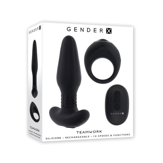 Gender X TEAMWORK Rimming Butt Plug & Vibrating Cock Ring Black