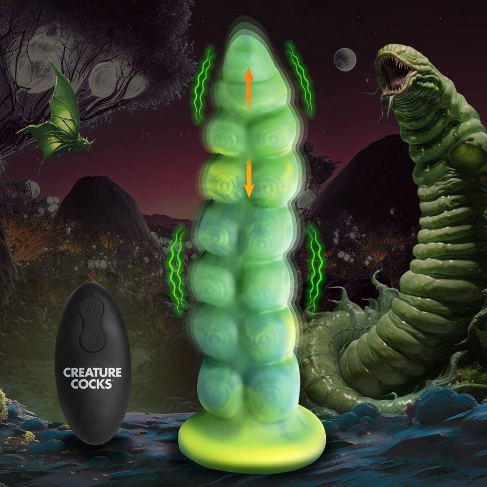 XR Brands Creature Cocks Squirmer Thrusting and Vibrating Fantasy Dildo Green 22.3cm - Vibrating Dildos