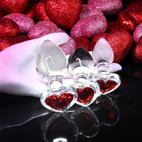Red Heart Gem Glass Butt Plug Set by Adam & Eve - Butt Plugs