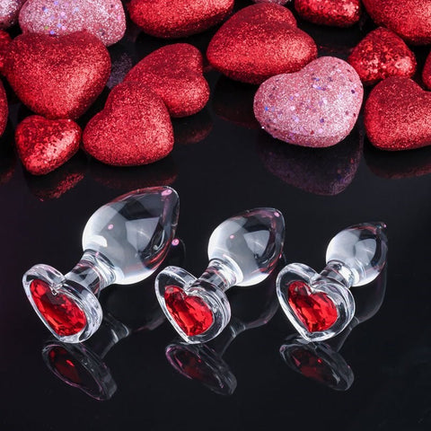 Red Heart Gem Glass Butt Plug Set by Adam & Eve - Butt Plugs