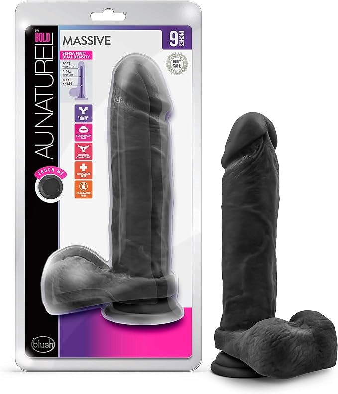 Au Naturel Bold Massive Realistic Dildo With Balls Black 9 Inch - Realistic Dildos