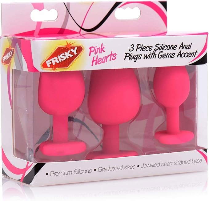 Frisky Pink Hearts Silicone Anal Plugs with Gem Accents 3 Piece - Butt Plugs