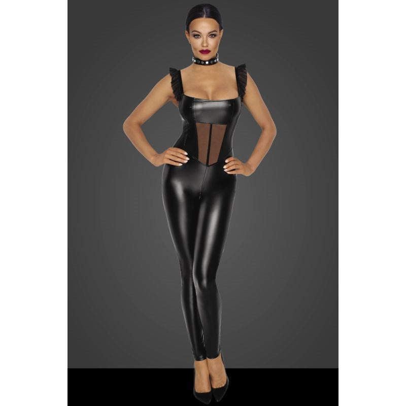 Noir Handmade Power Wetlook Overall Women Dress With Tulle Panel Black - Her Fetish